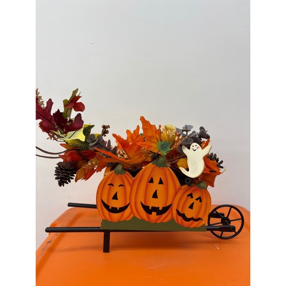 Fall Halloween Decor Pumpkin Wheelbarrow Floral Arrangement Ghost - Picture 1 of 6